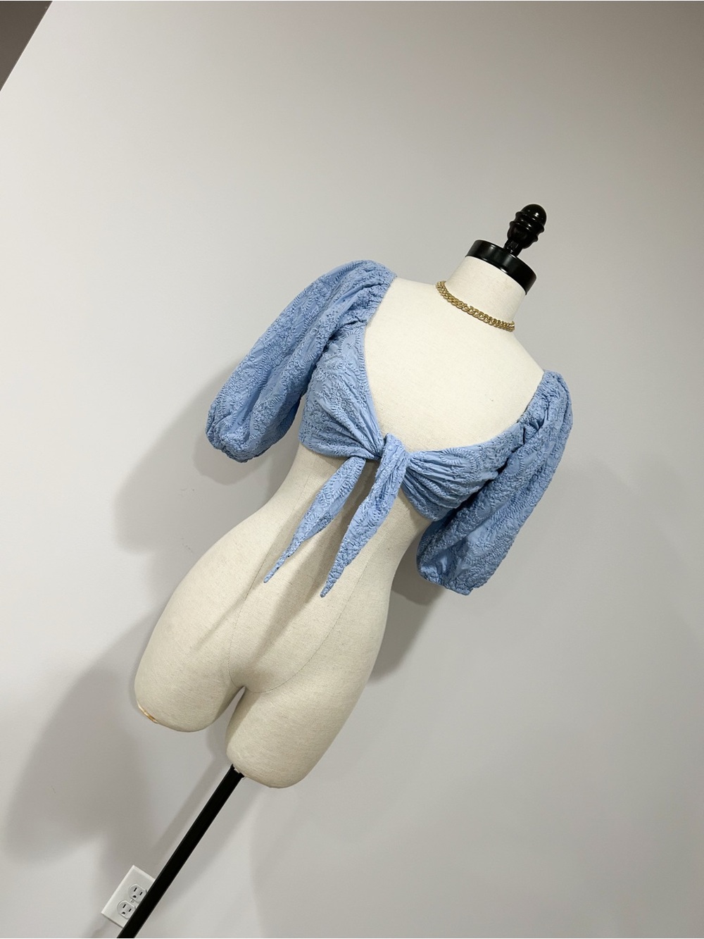 MINKPINK Powder Blue Tie-Front Puff Sleeve Crop Top